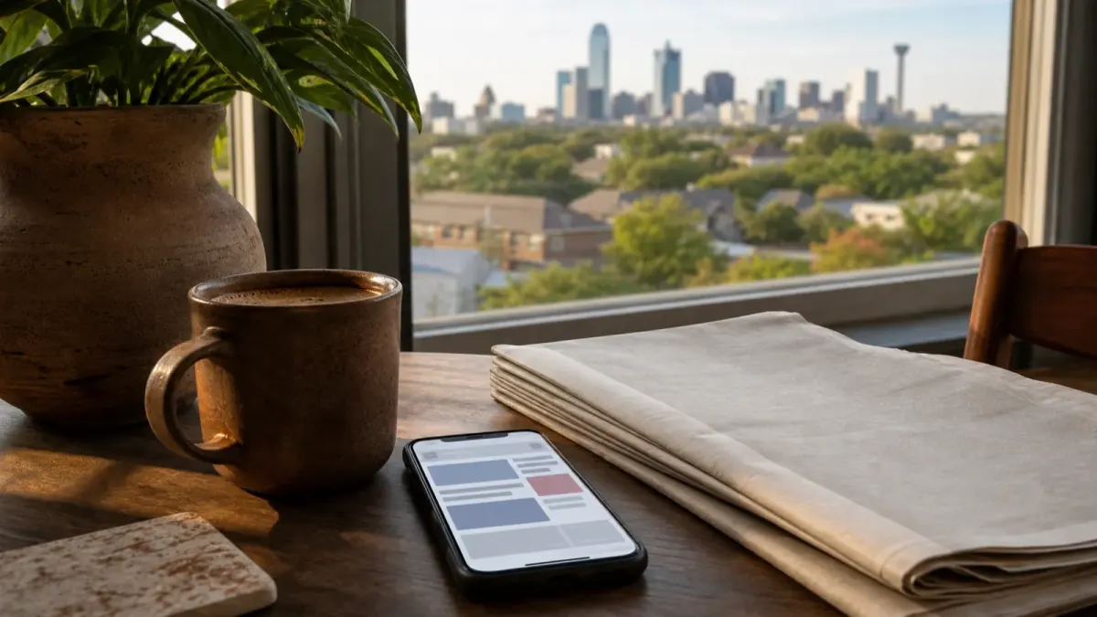 Morning coffee beside a phone and folded paper in soft Texas daylight